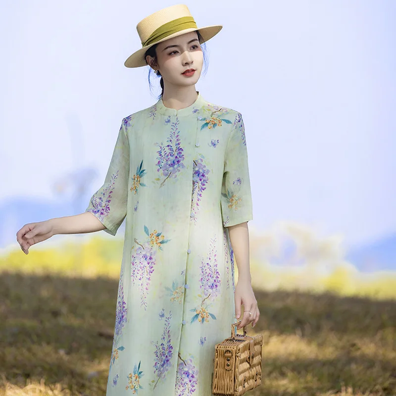 

Cotton and linen women's ramie dress new stand-up collar retro improved cheongsam fashion casual versatile simple temperament el