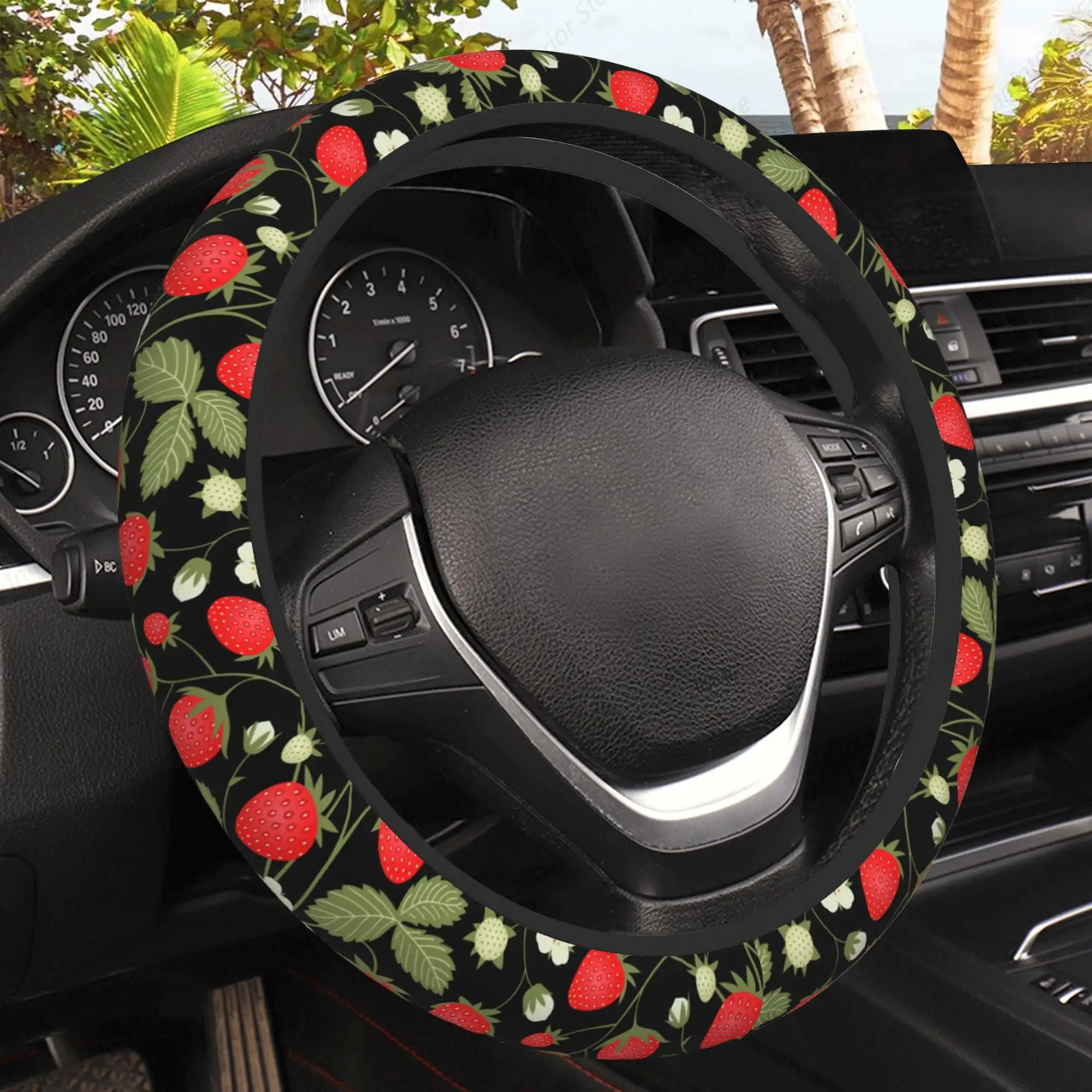 Strawberry Flowers Car Steering Wheel Cover, Non-Slip Absorbing Sweat Car Wheel Cover Accessories for Men Women