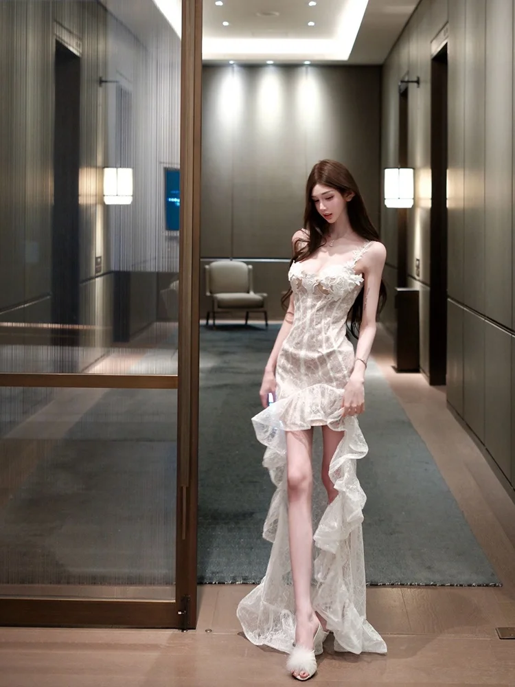 

White Lace Strapless Dress Sexy Birthday Skirt Gathered Waist Fish Tail Skirt Summer New Style MUYEONJI Sleeveless Slim Fit