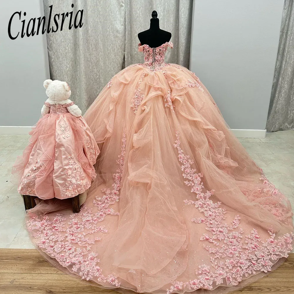 فساتين Quinceanera وردي مزينة بالخرز ثوب الأميرة الحلو 16 15 سنة فتاة vestidos de 15 años xv