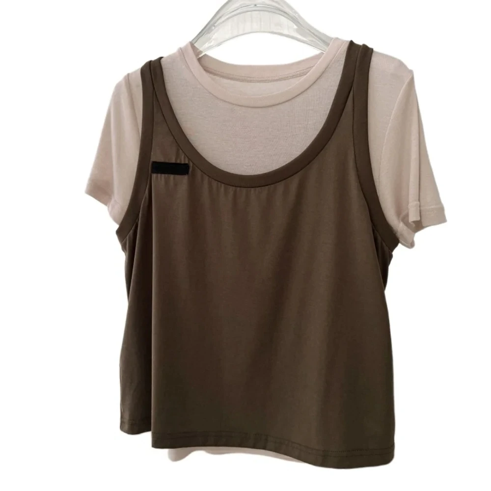 Women Short T-shirt H901886 Round Neck Khaki Colour Soft T Shit Clothing Spring Summer Runway Streetwear Elegant Elastic Knit