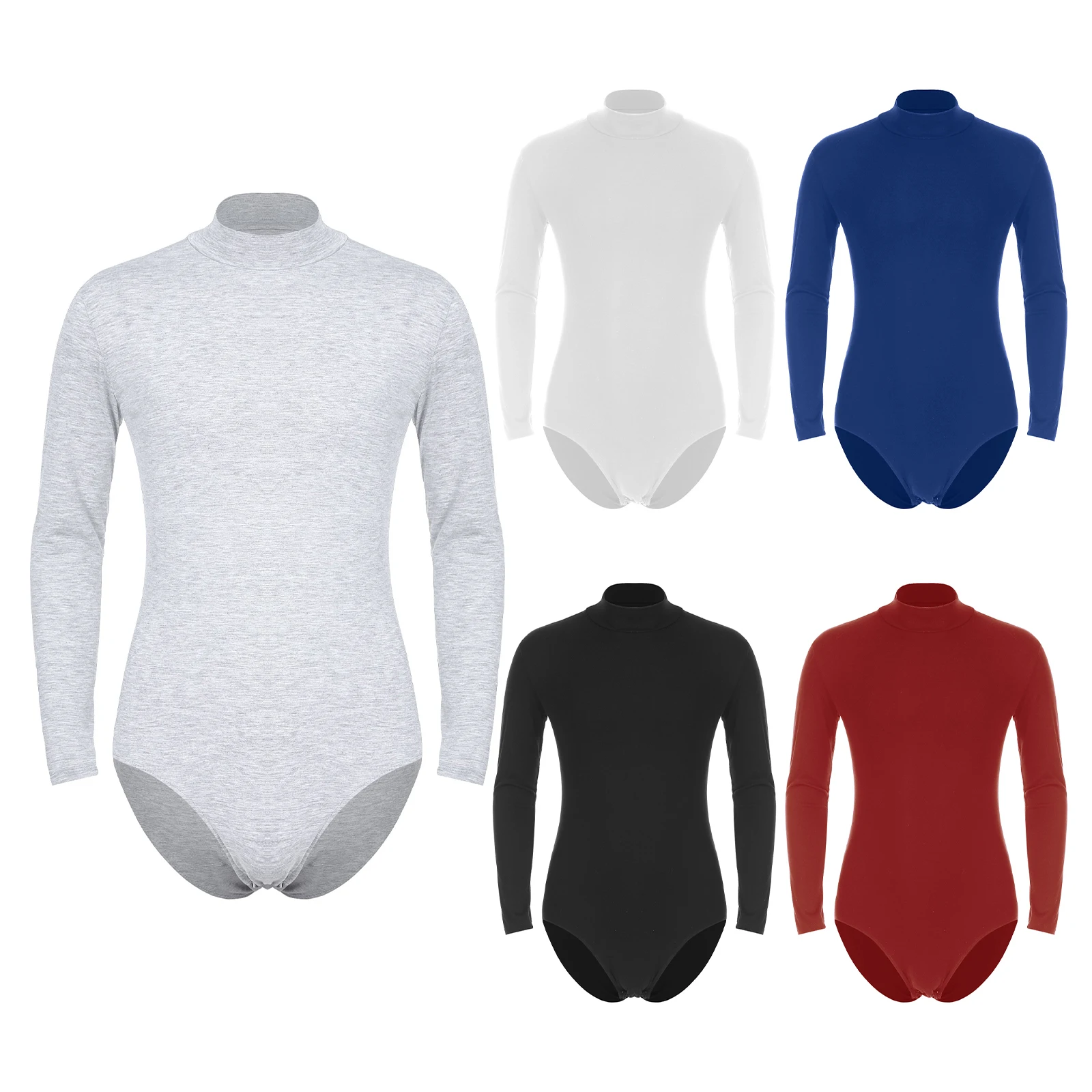 Mens Casual Leotard Long Sleeve One-Piece Undershirt Mock Neck Solid Color Press Button Crotch Bodysuit Unitard Romper Sleepwear