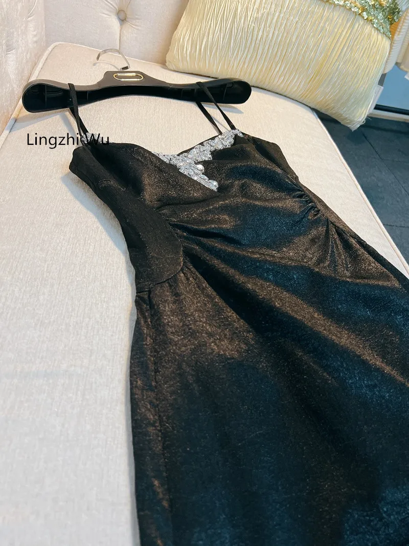 Lingzhi Wu-Women's V-Neck Long Dress, Black, Diamond Spaghetti Strap, Jacquard Dresses, Satin Slit, Elegant, French, Luxury