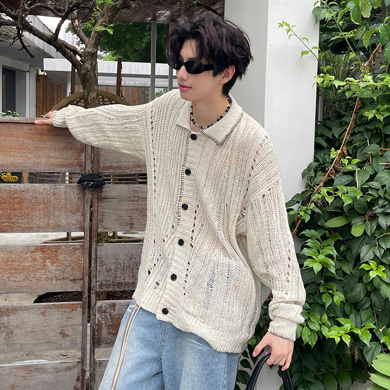 FEWQ Hollow Knits Sweater Men's Cardigan Long Sleeve Single-breasted Turn-down Collar Jacket Loose Tops 2024 Winter New 24E2753