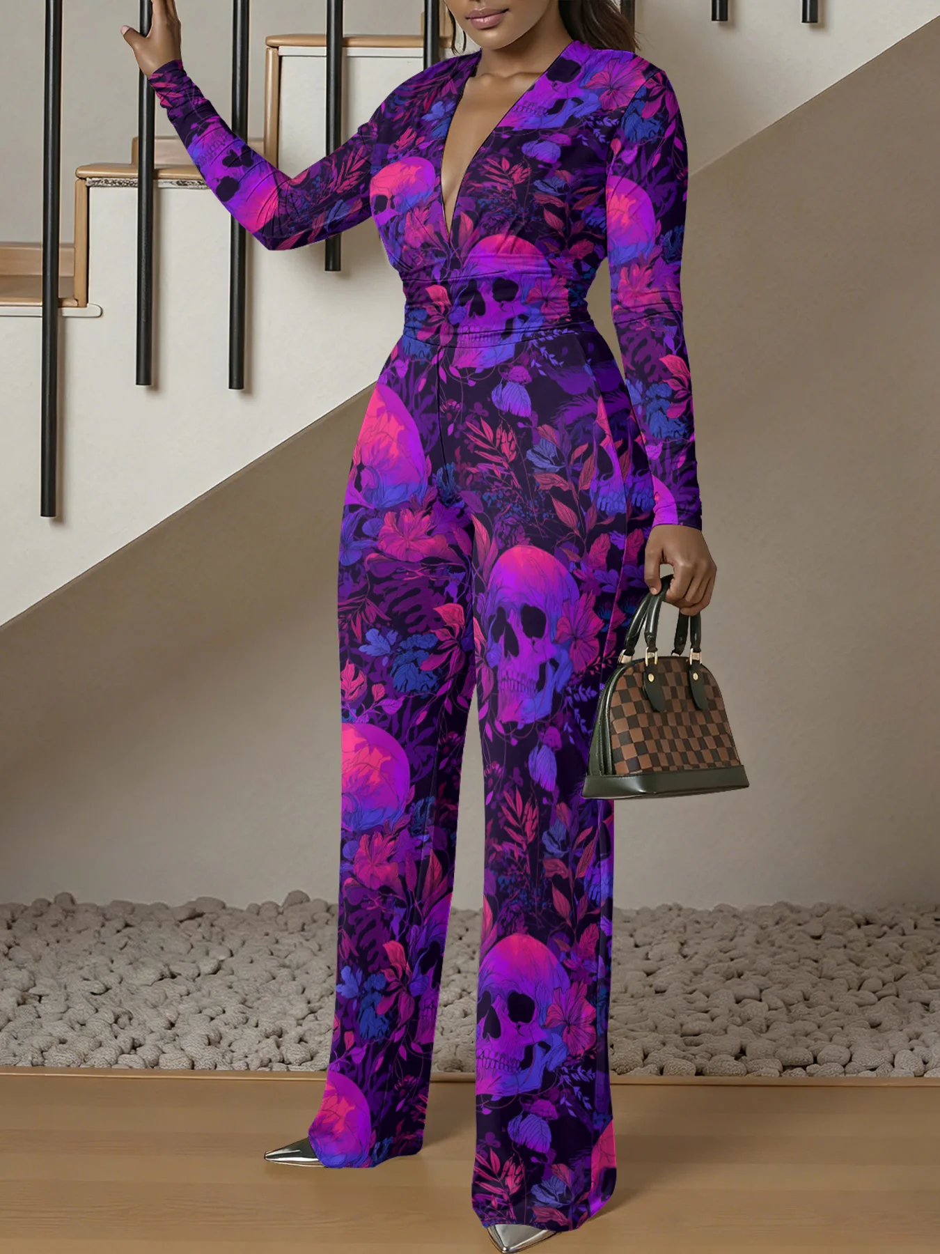 Macacão justo de manga comprida com decote em V, ideal para o outono, feminino, elástico, peça única, para a primavera, roupa de rua de luxo, para fes