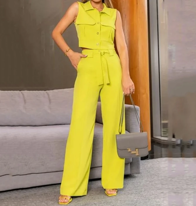 Casual Style 2024 Pants Set Spring/summer Women's Polo Collar Sleeveless Top Loose Wide Leg Pants Solid Color Two Piece Set