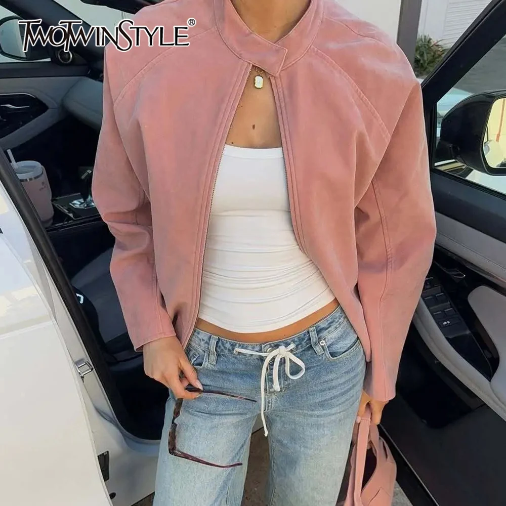 

TWOTWINSTYLE Pink Hot Girl Loose Coat for Women Stand Collar Long Sleeve Patchwork Single Button Cardigan Jacket Female Autumn