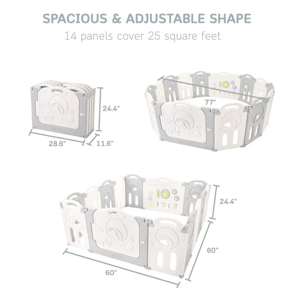Gray 14-Panel Foldable Playpen with Whiteboard and Activity Wall, Safe Baby Play Yard for Indoor and Outdoor Use