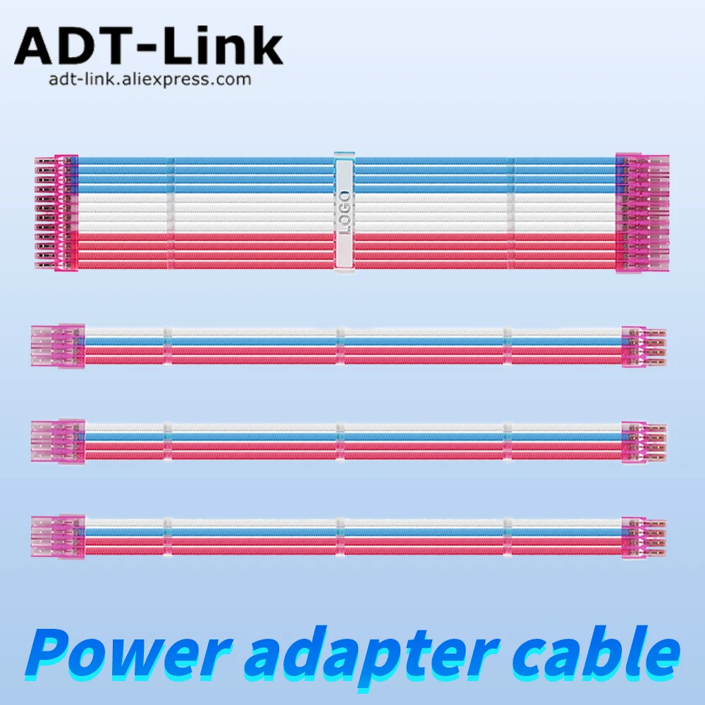 Computer Motherboard 24P CPU 8P Graphics Card 8P*2 ATX Power Nylon Braided Mesh Extension Cable Adapter PC Transparent Pink