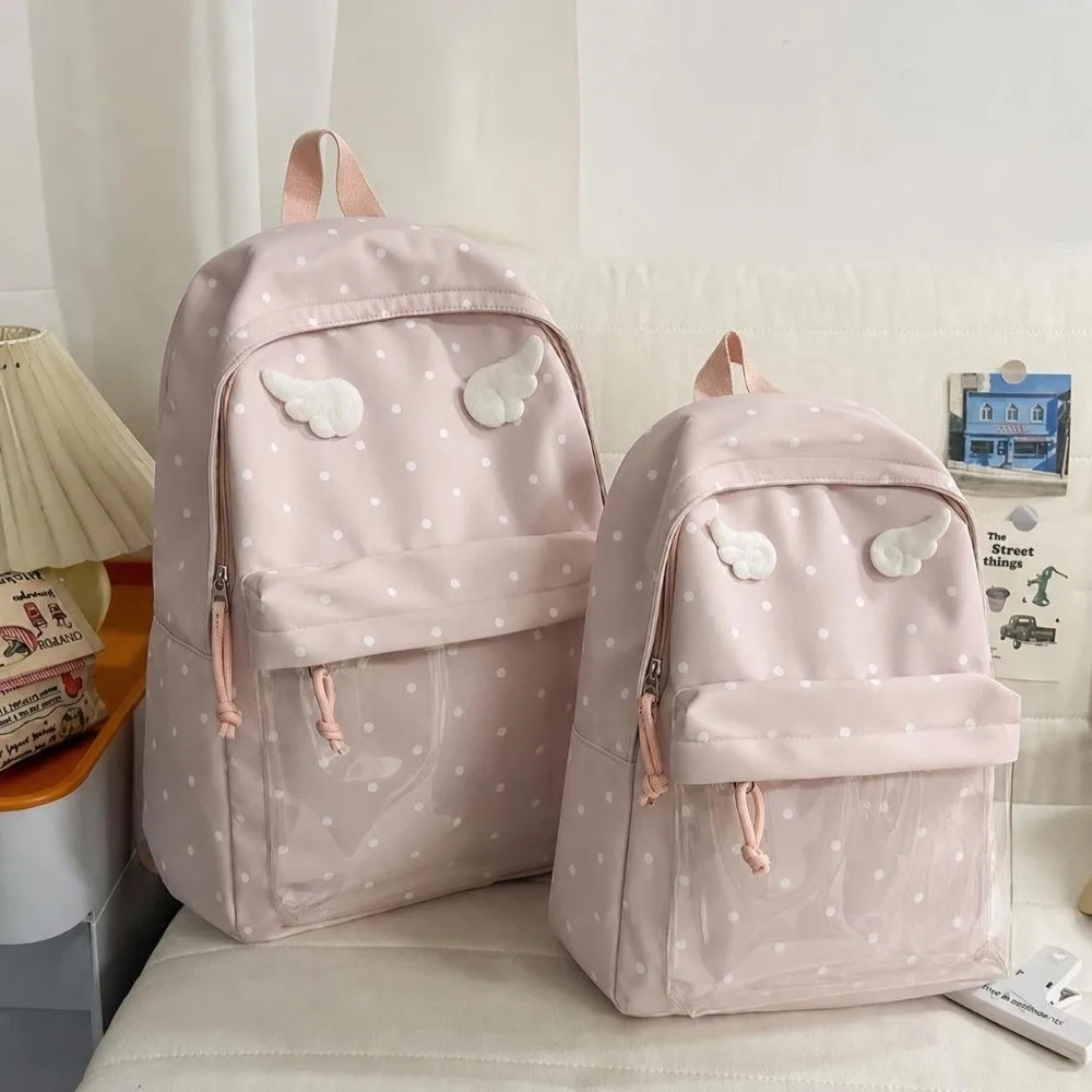 2 Sizes Polka Dot Backpack Large Capacity Transparent Pocket Angel Wings Backpack Polka Dot Pattern Transparent Pocket Backpack