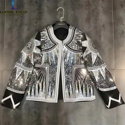 Women's Open Stitch Embroidered Coats, Spliced Jacket,O-Neck , Sequins ,Loose Outerwear, Female Clothing ,Autumn, Winter, New