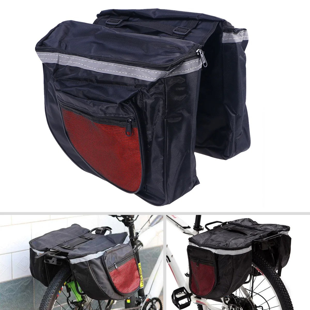 

Double Side Rear Bike Bag Waterproof PVC Fabric Reflective Strips for Night Safety Large Capacity with Side Zipper Pockets Fits