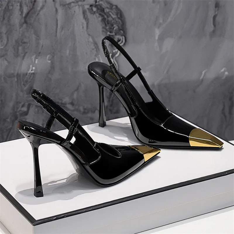 Star style Patent Leather Women Pumps Fashion Metal square toe High Heels Office Lady Shoes Spring Summer Slingback Female shoes