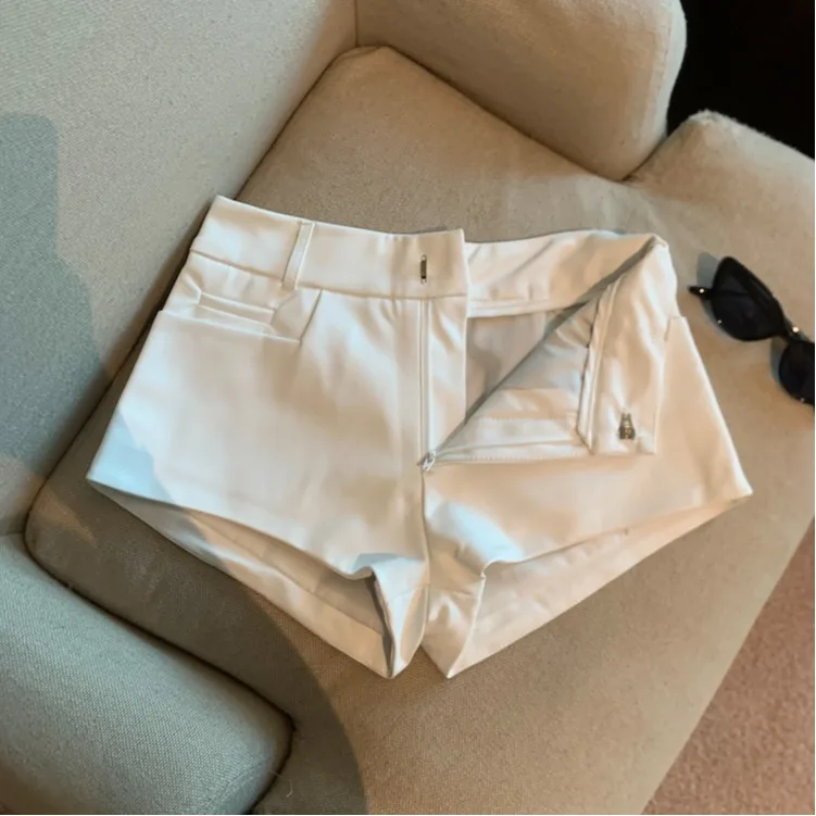 Black PU Leather High Waist Short Pants Women's  Size Slimming A-Line Hot Pants Autumn Winter Tight Sexy Girls Casual Pants