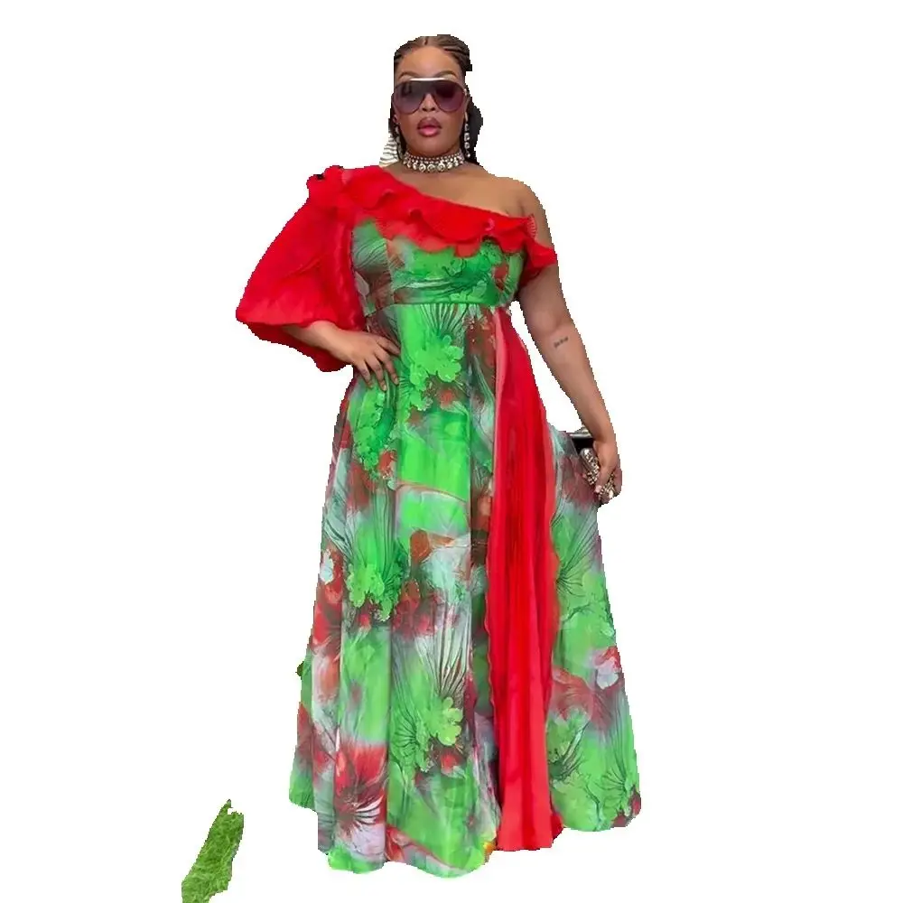 

Elegant One-Shoulder African Kaftan Maxi Dress for Women Muslim Wedding Fashion Abaya Dashiki Robe Turkish Style Long Gown