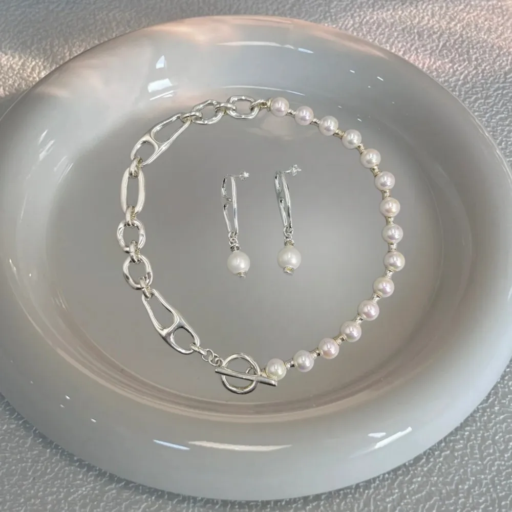 2026 Spring Unique Design Gold Silver Chain Pearl Splicing Earrings Necklace Jewelry Two Piece Set Party Gift