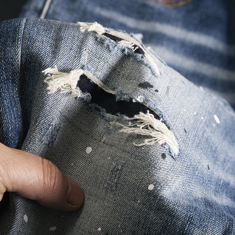 Splash ink ripped patch jeans for men, retro blue, slim fit, small feet, elastic and cool, spring and summer thin fashion pants