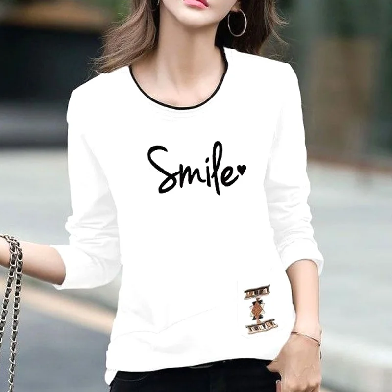 Causal O-neck Letter Print Skinny Long Sleeved T-shirts Fashion Spring Autumn Simple Comfortable Cotton Top Women\'s Clothing