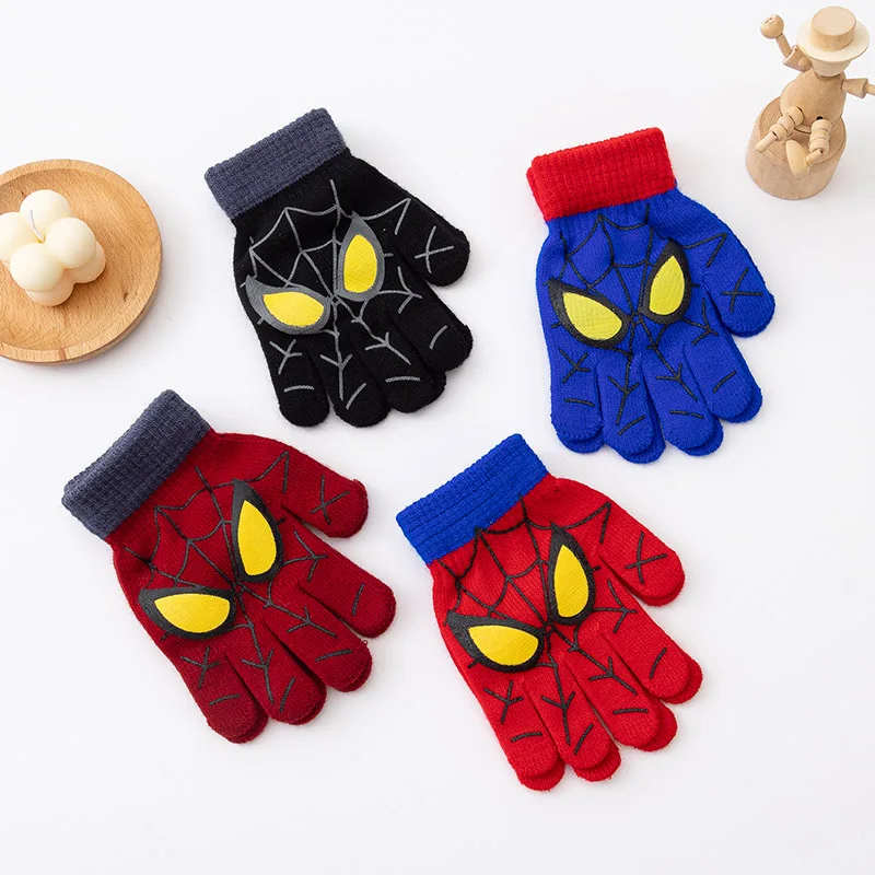 Guantes tejidos para niños de 3 a 8 años, manoplas cálidas con dedos completos de araña de dibujos animados, para otoño e invierno