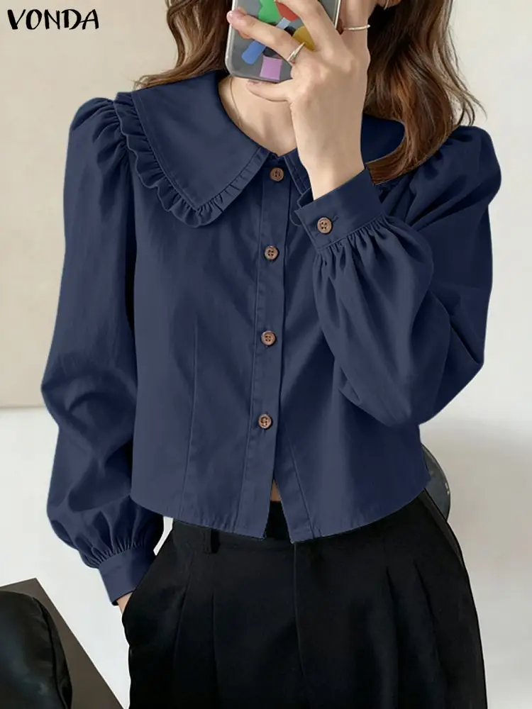 VONDA Fashion Shirts Women Long Puff Sleeve Casual Solid Blouse Spring Autumn Peter Pan Collar Elegant Office Lady Female Tops