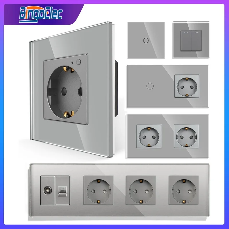 Bingoelec Grey Smart Light Switch and WiFi Wall Socket with Crystal Glass Panel Switches with Sockets Home Improvement