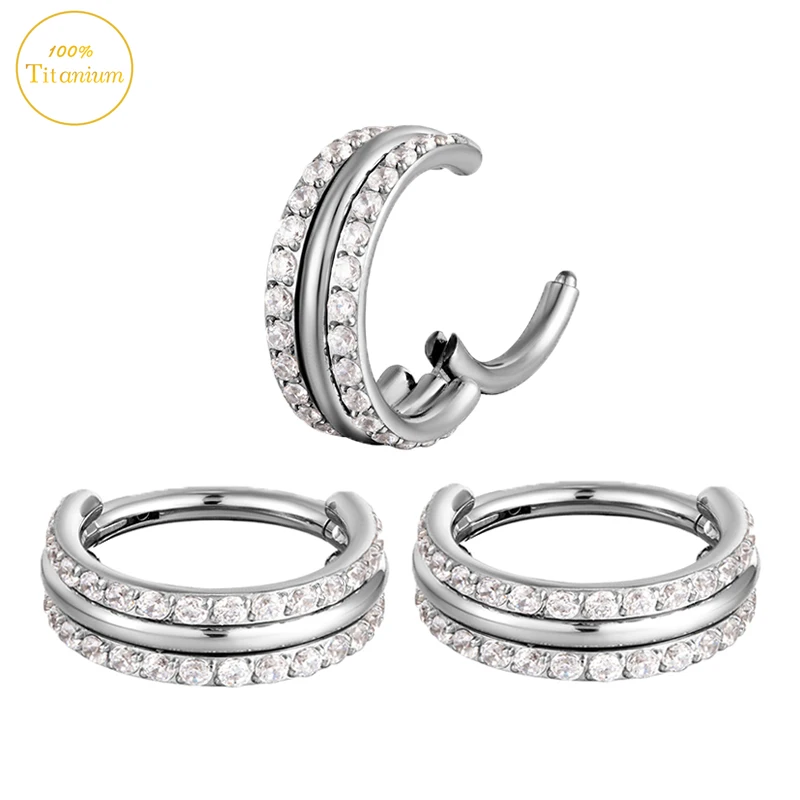 G23 Titanium Piercing Nose Ring Two Rows Of Zircon High Section Clickers Tragus Cartilage Earring Fashion Body Piercing Jewelry