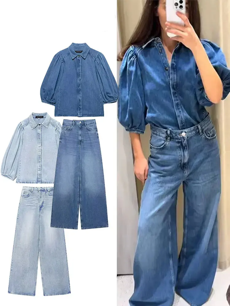 

TRAFZA женские джинсовые брючные костюмы однобортная рубашка с короткими рукавами топ + застежка-молния с высокой талией, широкие длинные брюки, женская одежда