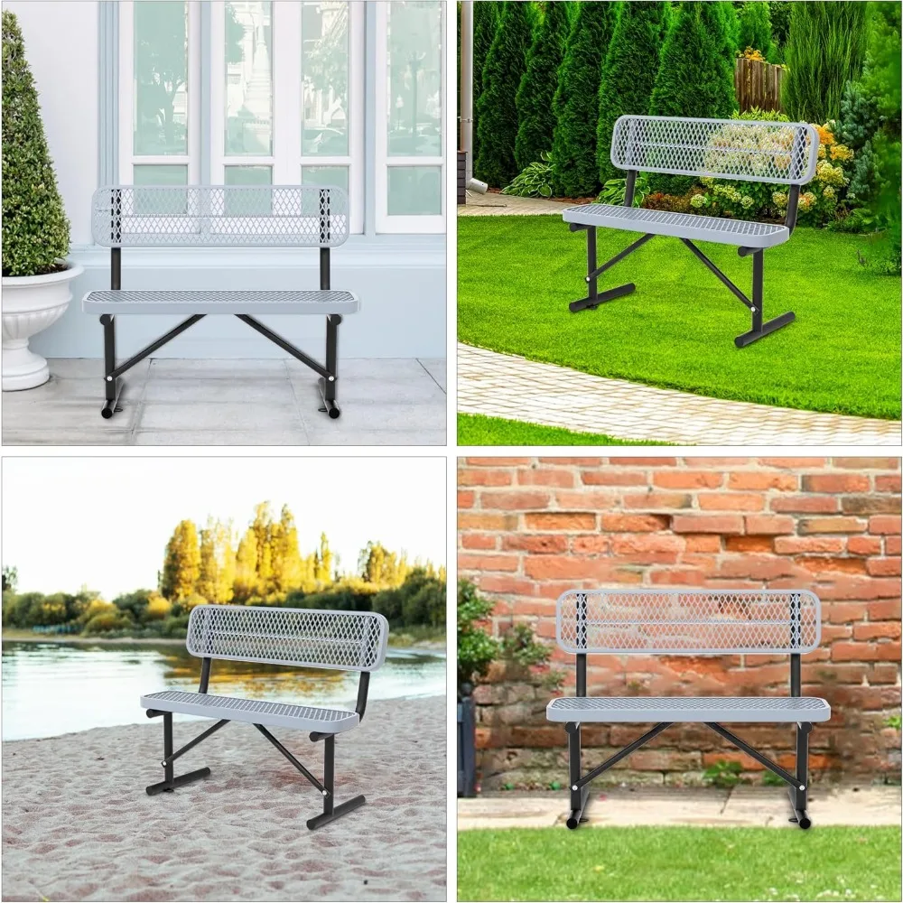 مقاعد حديقة معدنية خارجية شديدة التحمل باللون الرمادي مع مساند للظهر، مقاومة للعوامل الجوية لاستخدام الحديقة، مثالية للمدارس والمتنزهات