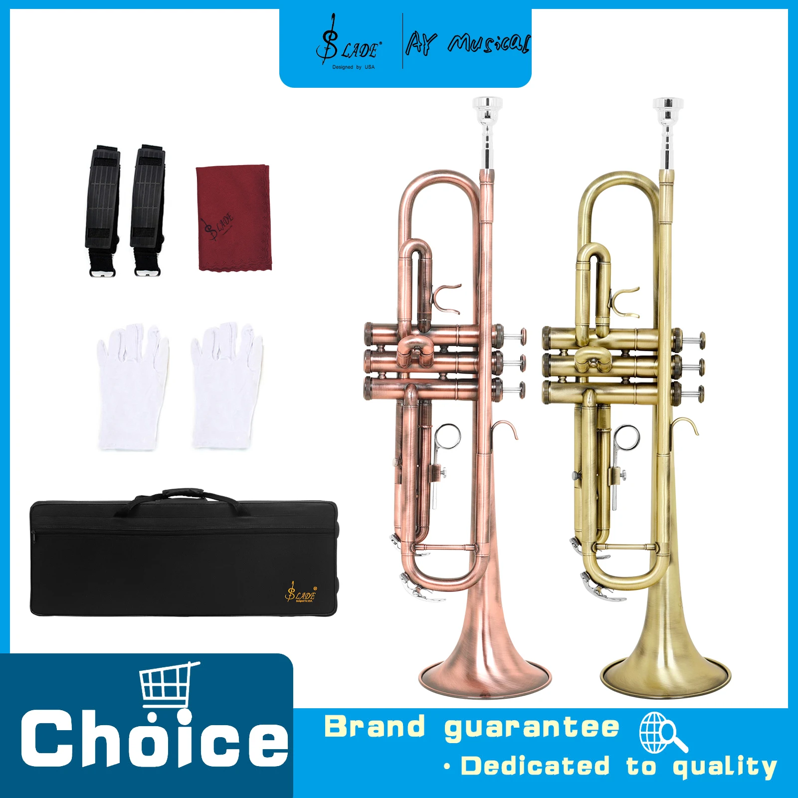 SLADE LDT726 Bb Trumpet Rustproof Brass Bronze Trumpet with Wiping Cloth Mouthpiece for Trumpet Performance Grade Examinations
