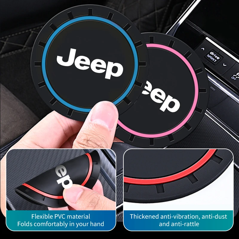 2PCS Car Coaster Silicone Water Cup Slot Non-Slip Mat PVC Pads For Jeep Wrangler-JK JL Cherokee Patriot Liberty Commander