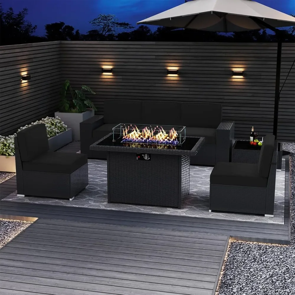 Terrassen möbel 7-teiliges Set mit Feuerstellen tisch, Rattan-Gesprächs sofa mit Couch tisch