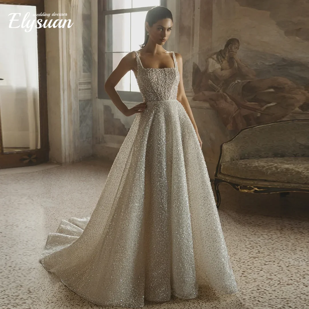 

Customized Bling Square Collar Wedding Dress for Bride Straps A-line Backless Chapel Train Vestidos De Novia