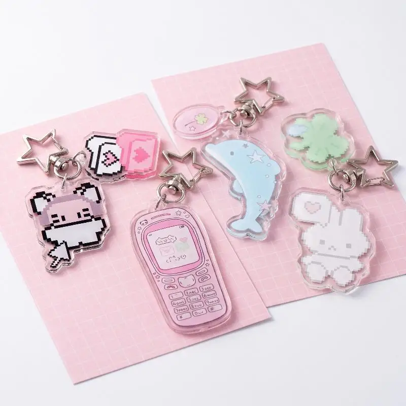 New 1Pcs Pixel Bunny Acrylic Mini Keychain Creative Backpack Bag Charm Pendant Decorative Gift For Best Friend And Bestie