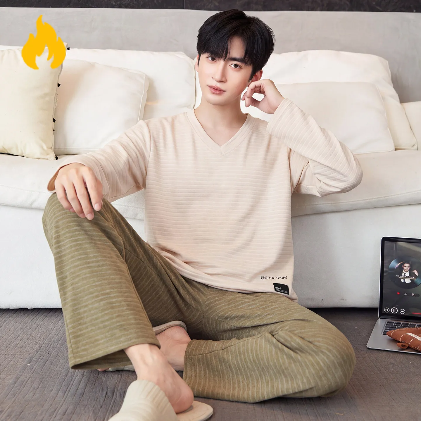 Green Color Winter Nighwtear Thin Fleece Homewear for Men Long Sleeves Touser 2pcs/set Thermal Sleepwear Male Hombre Pyjamas