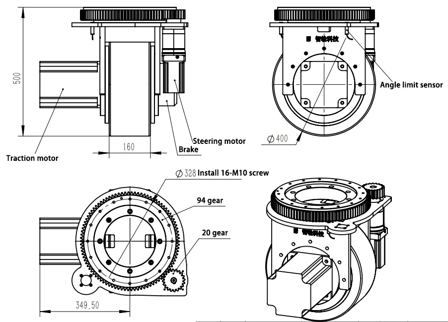 Roda kemudi penggerak agv ZL-500 prallel roda kemudi struktur transmisi pengurang planet