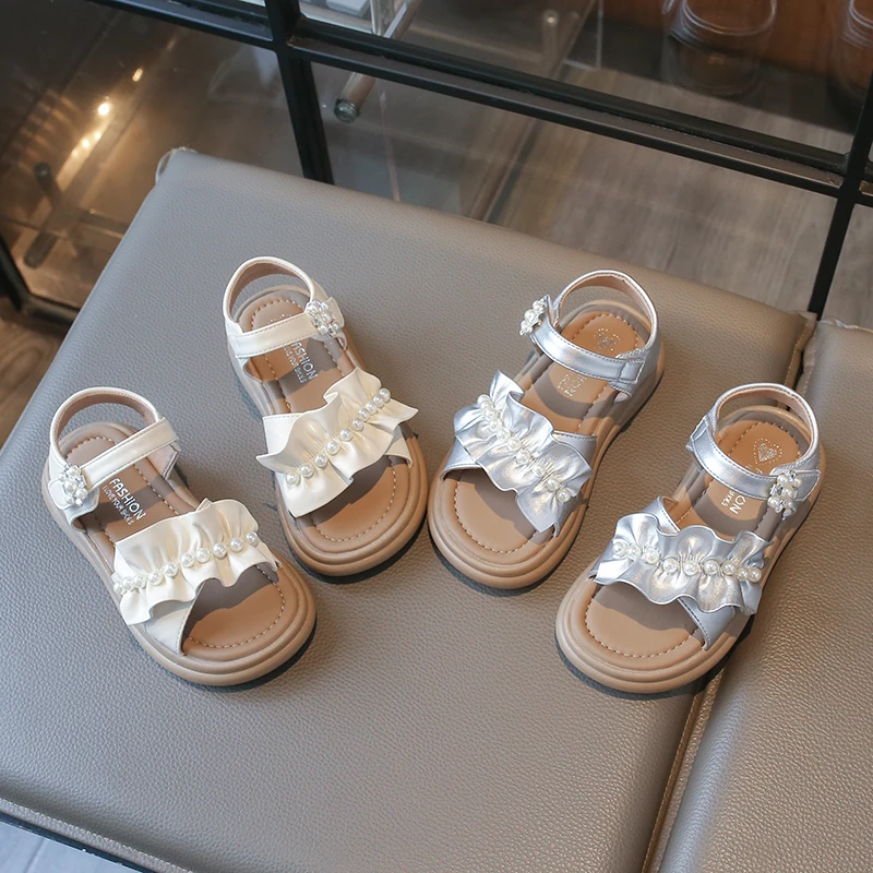 Mumoresip New Summer Children's Pearl Sandals for Princess Sweet Ruffled Edge Girls School Sandals Open-toe Kids Beach Sandals