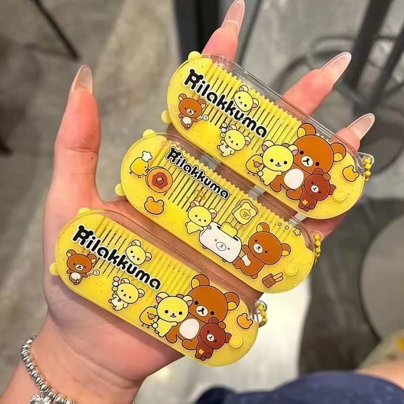 Hot Rilakkuma Cute Cartoon 2 In 1 Folding Comb Mirror Portable Compact Girls Hair Brush Massage Smoothing Mirror Comb Set Gifts