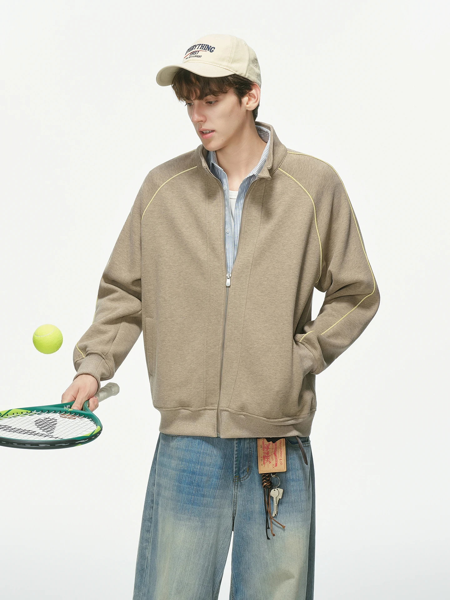Retro American Zipper Collar Cardigan Sweatshirt Men's Women's Autumn Commuting Splicing Windproof Jacket Youth Casual Cotton