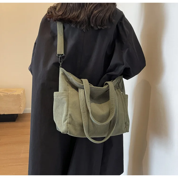 Borsa Tracolla Donna In Velluto A Coste - Grande Capiente Multi Tasca, Per Scuola, Lavoro E Pendolari - 2