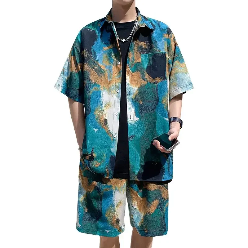 

Beach Shirts Shorts Suits for Men Smooth 2025 Trend Loose Novelty in Cheap Clothes Basic New Matching Tops & Tees Baggy Man Sets