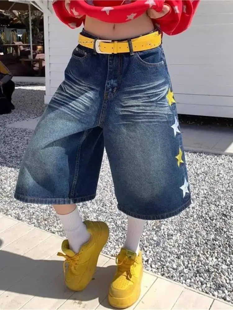 

Retro American Star Embroidery Washed Denim Jeans Loose Straight Casual Wide Leg Short Pants for Men And Women