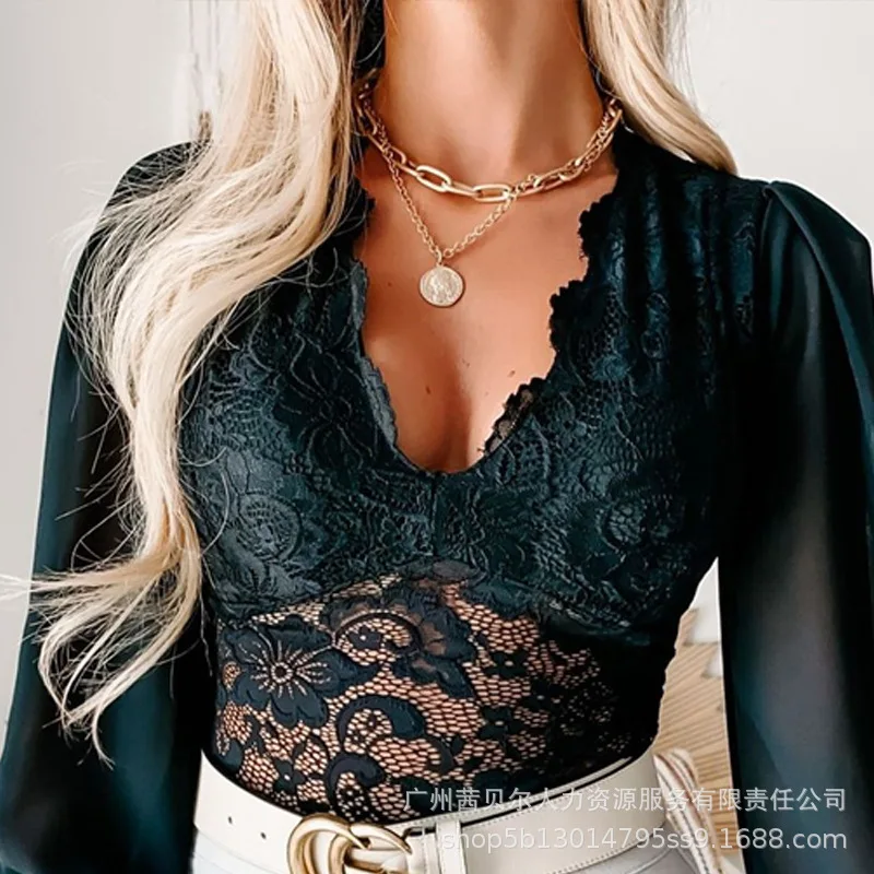 Women Lace Splice Sexy Tops V Neck Tight Waist Hollow Out T Shirt Full Sleeve Slim Fit Elegant Lady Autumn Slight Strech