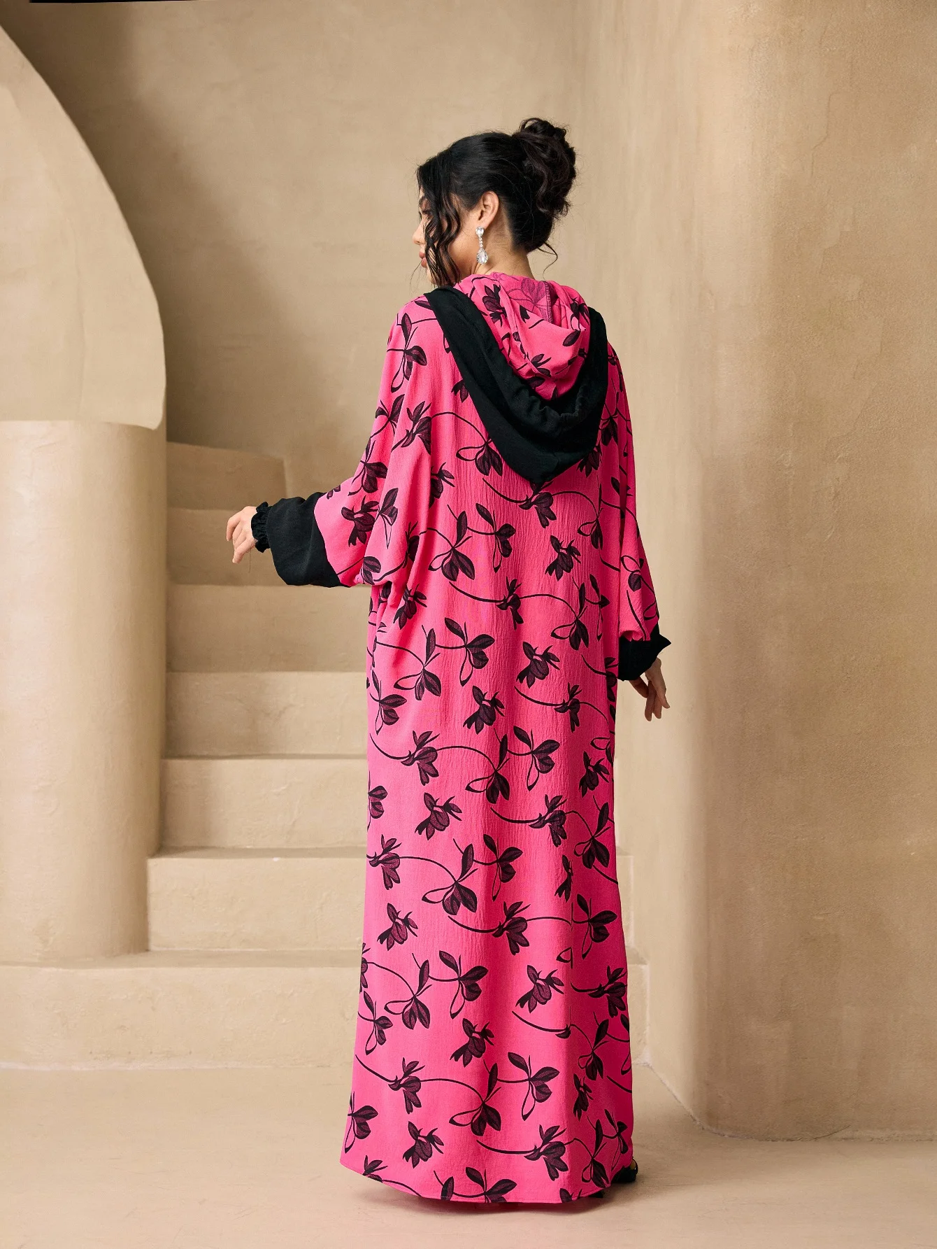 Vintage Fashion Outfit - Vintage Floral Hooded Abaya 3Pcs Set