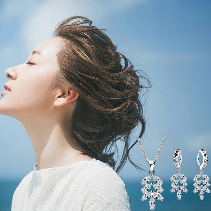 

Gifts Women Party Interesting Leaves Design AAA CZ Earring/Necklace Pendant 925 Sterling Silver Jewelry Set