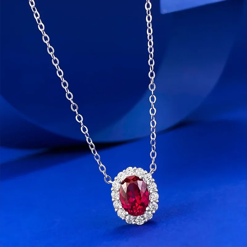 Cross-border New Product Silver Necklace European and American Temperament Ruby Oval 6 * 9 Geometric Shape Nich Jewelry