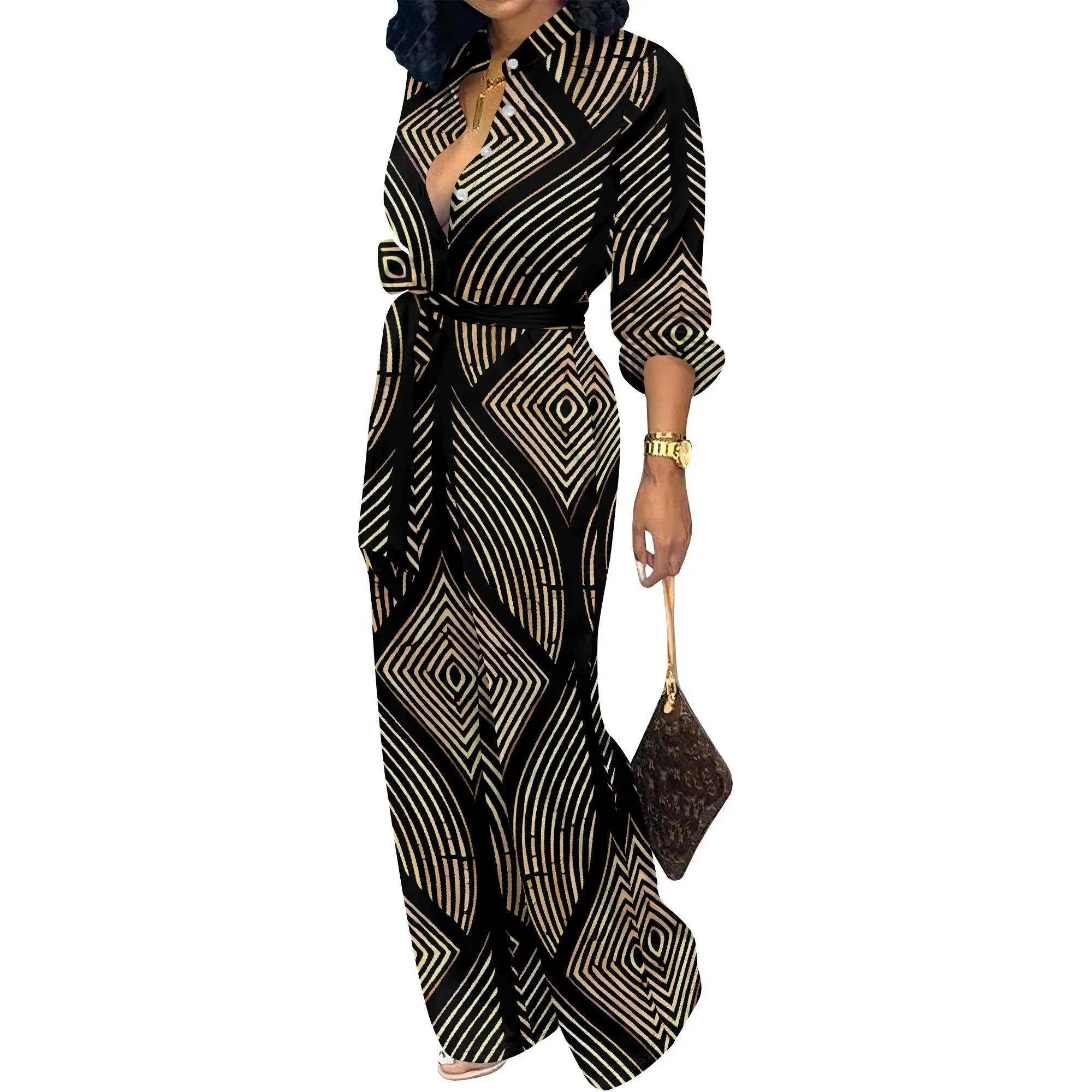 بدلة قفز Nupusa بطباعة هندسية للنساء مقاس قياسي صيفي كاجوال بياقة قميص نصف كم