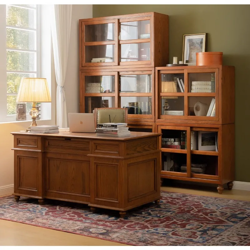 American solid wood desk boss table office computer table and chair combination class desk retro calligraphy table study writing