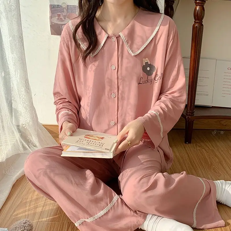 Long Sleeve Doll Collar Poplin Sleepwear Women's Spring Autumn Thin Loose Casual Homewear Suit Sweet Cute Student Pajamas Set