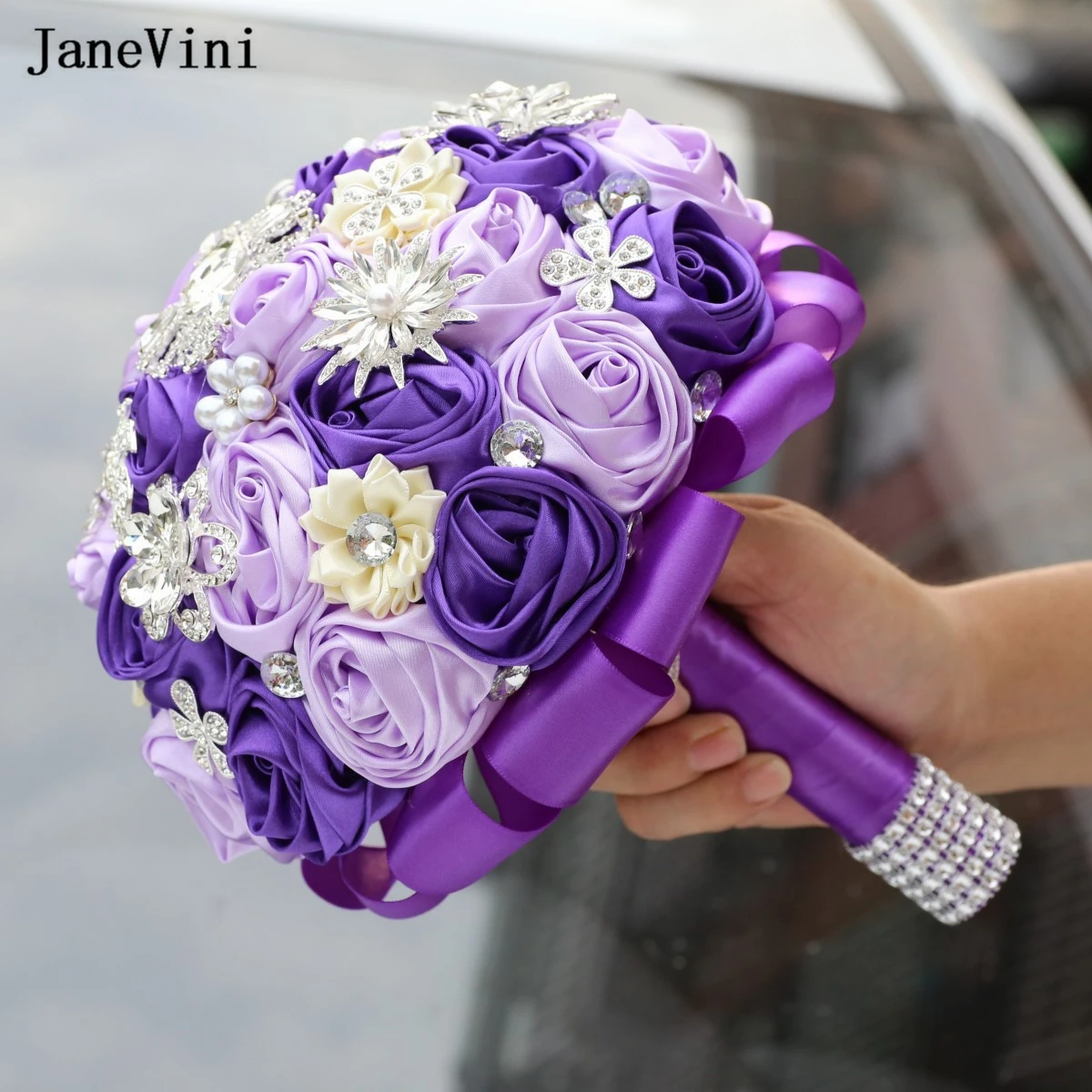 JaneVini New Luxury Purple Ivory Ribbon Flowers Rhinestone Jewelry Bridal Bouquets Artificial Satin Roses Wedding Brooch Bouquet