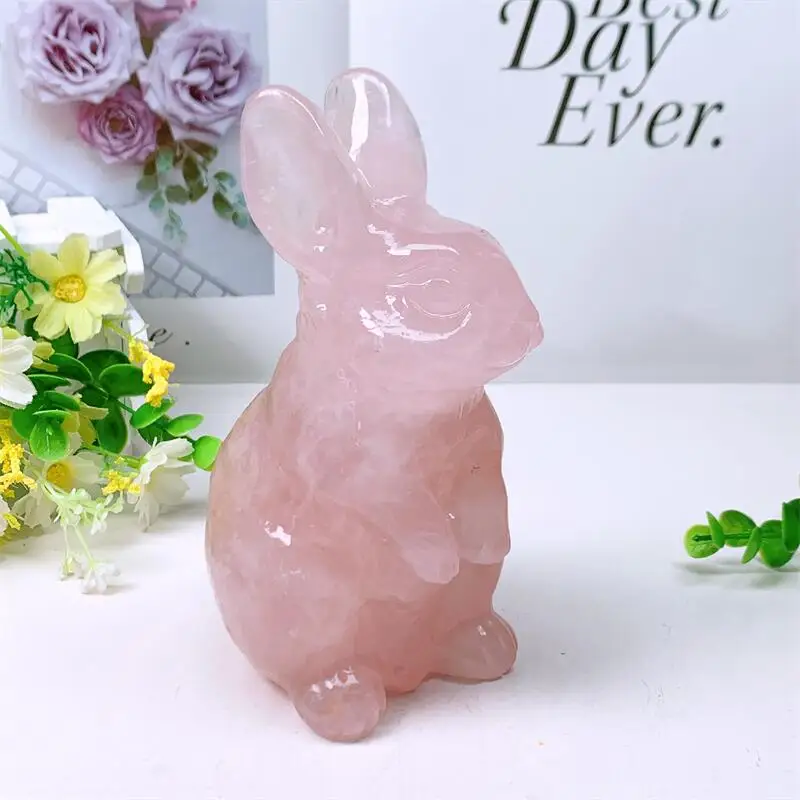 

14.5CM Natural Rose Quartz Rabbit Animal Statue Healing Children Stone Energy Gemstone Home Decoration Gift 1PCS